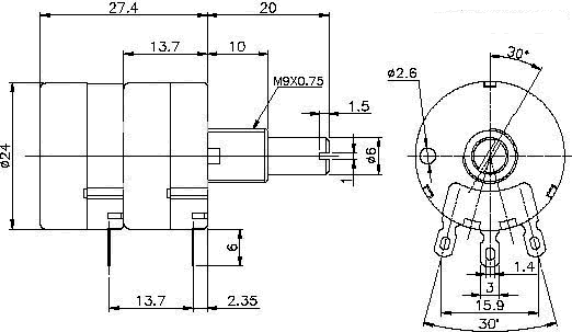 RV24YG双联合成碳膜电位器外形图